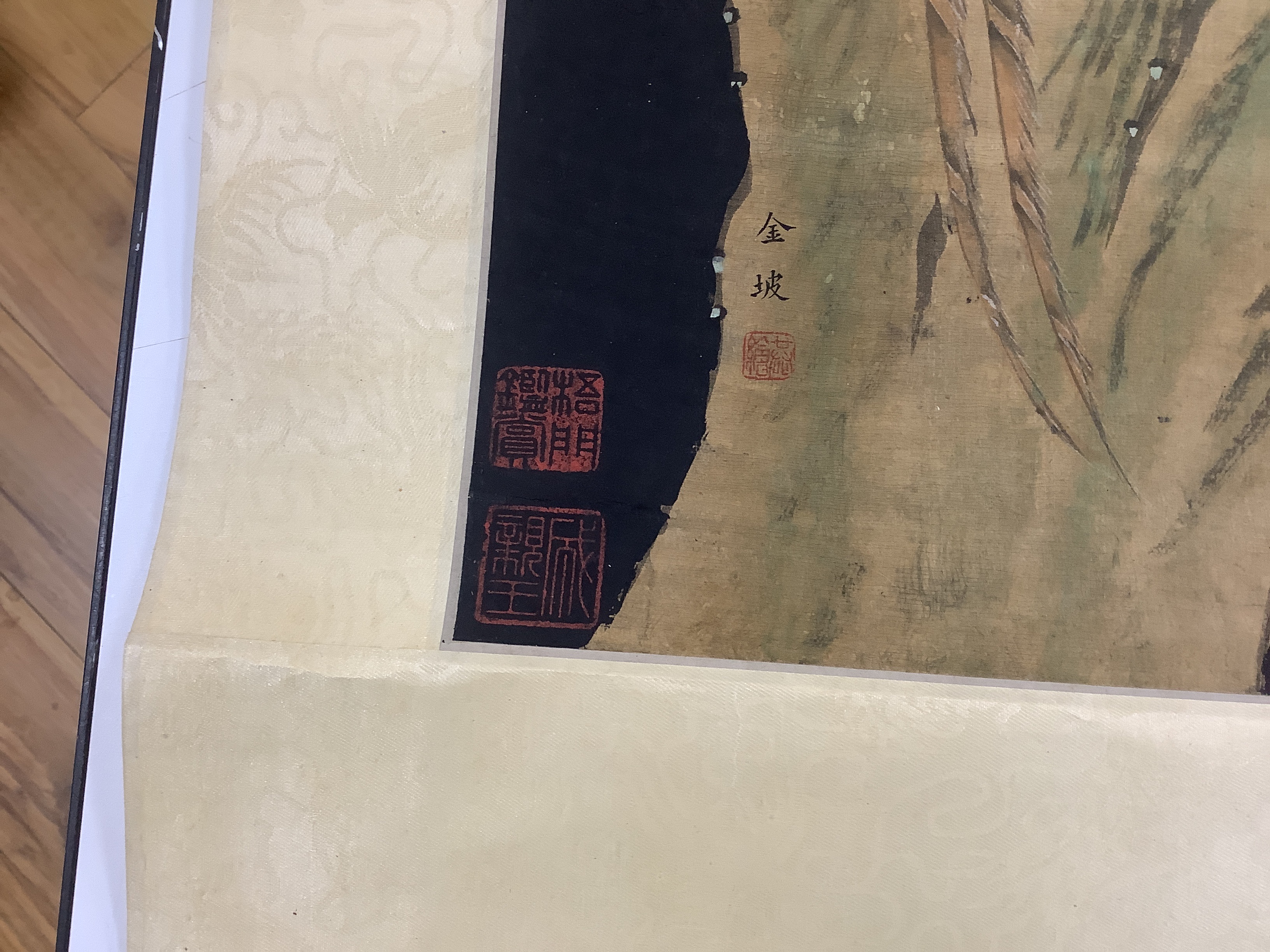 A Chinese hundred bird painted scroll, 239cm high
